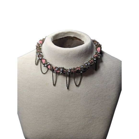 Vintage Statement Necklace With Pink Beads & Rhinestones Chain Design For Women - Picture 2 of 7